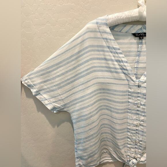 VELVET HEART | Blue White Striped Button Front Tie Blouse Tencel Top | Medium - Picture 2 of 7